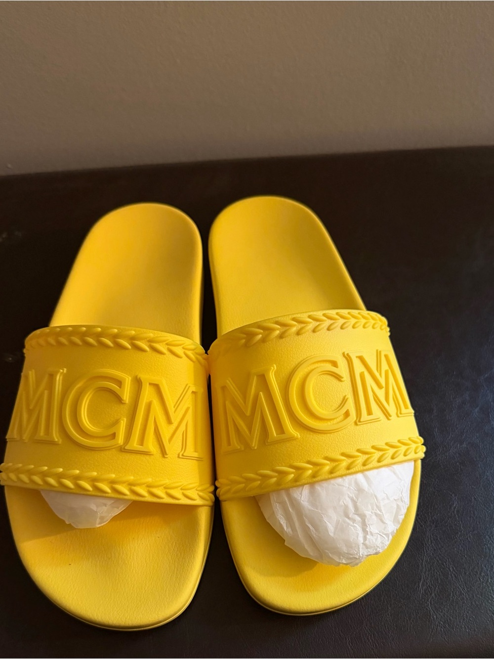 Authentic MCM Bright Yellow Embossed Logo Slide Sandals